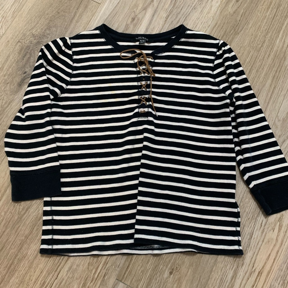 Lauren Ralph Lauren Striped laceup Thermal Ribbed Henley Style Top 3/4 Sleeve XL